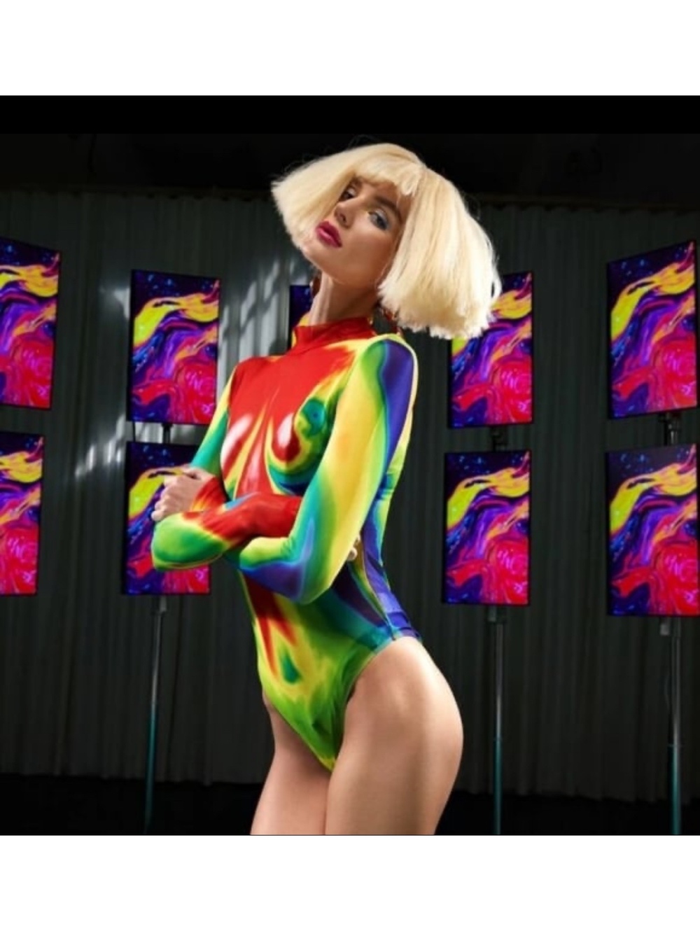Mesh Rainbow Thermal Print Mock Neck Bodysuit Sheer Long Sleeve Festival Size M